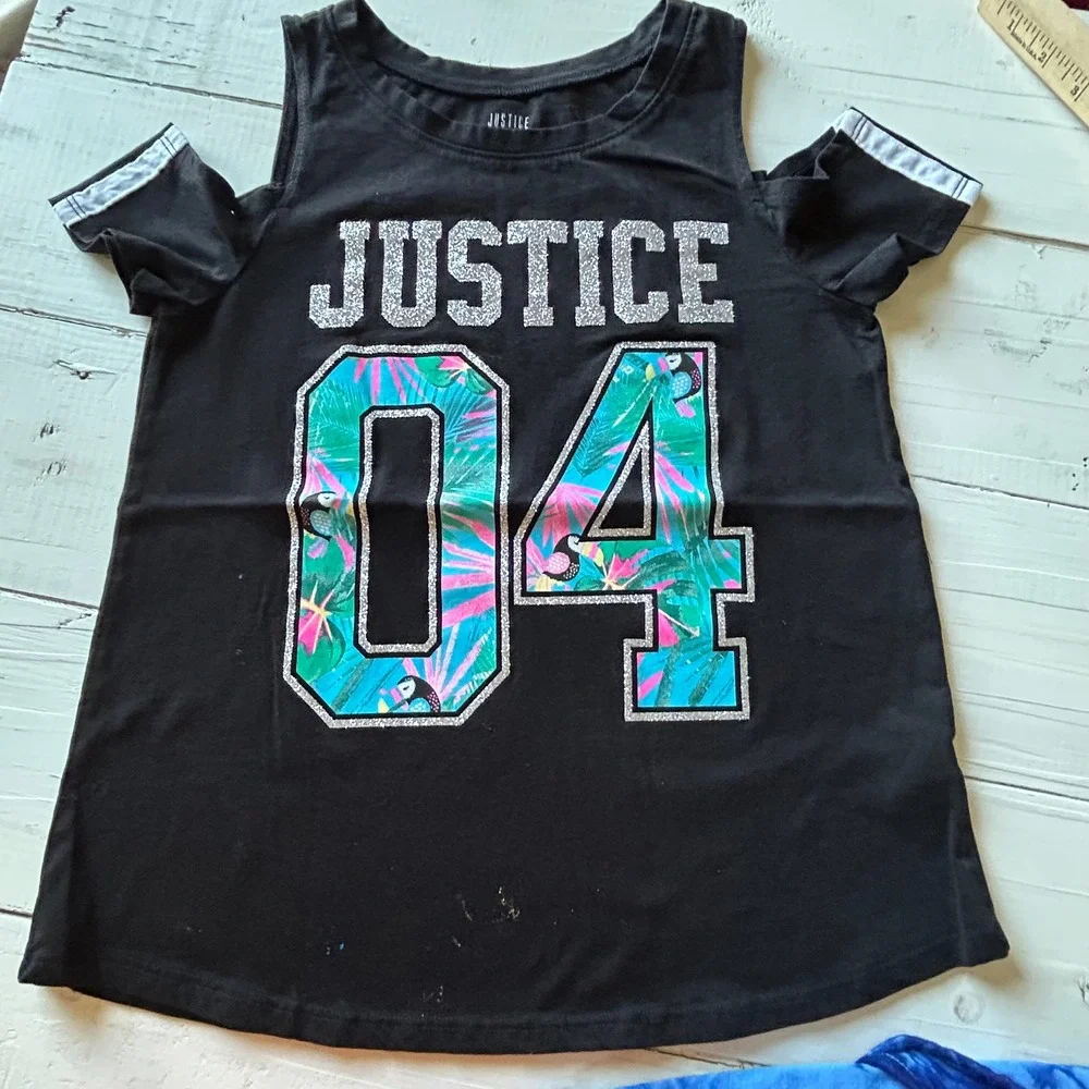 Justice Girls Size 12 Top Bundle Black Cold Shoulder Tee & Blue Tie Dye Tank‎
